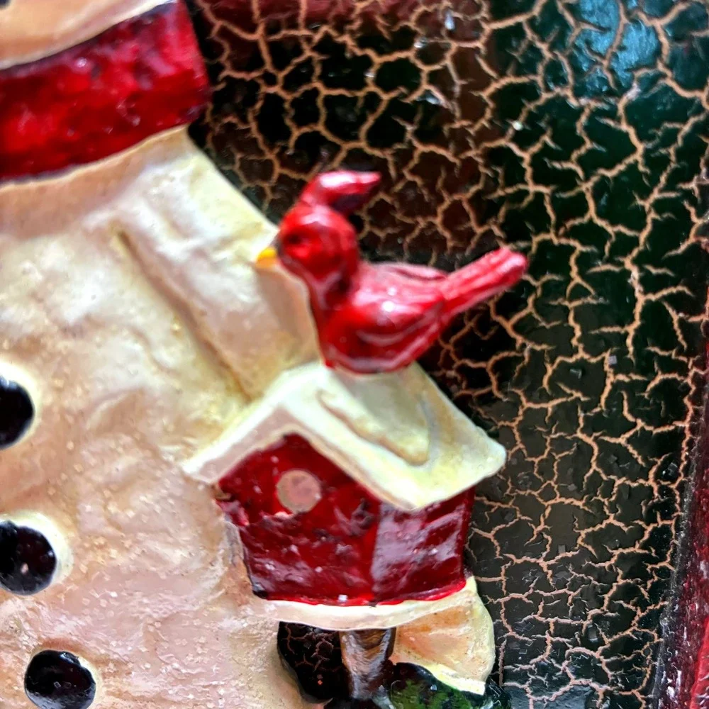 Rustic Wooden Box With Handle 10.25in Green & Burgundy Accents Snowman Cardinal